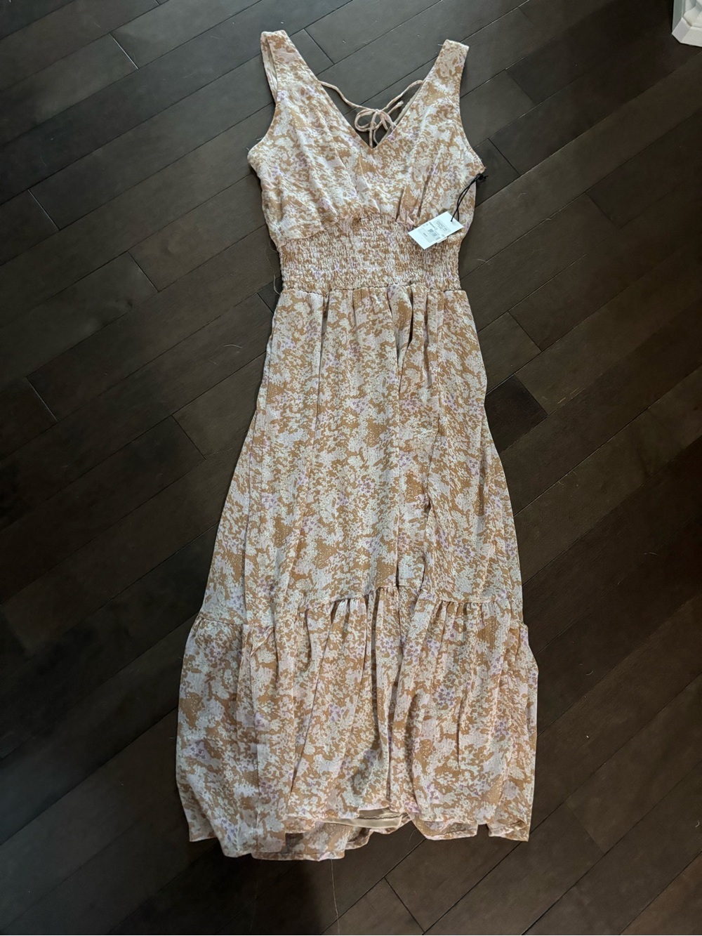 Smocked Waist Floral Maxi Dress in Beige and Blush